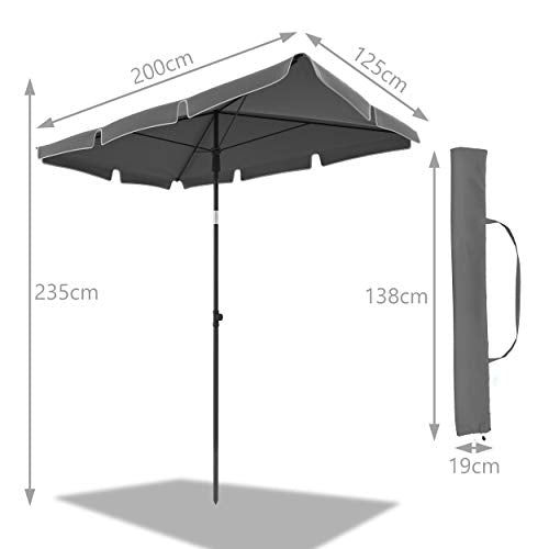 VOUNOT® Garden Parasol, Tilt Balcony Umbrella with Cover, Sun Shade for Outdoor, Garden, Balcony, Patio, Beach, 200 x 125 cm Rectangular UV 50-, Grey