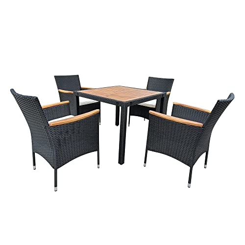 Panana 5 Piece Patio Rattan Dining Set, Wicker Garden Table and Stackable Chairs Set with Wood Table Top, Removable Cushions Balcony, Backyard, Poolside Outdoor