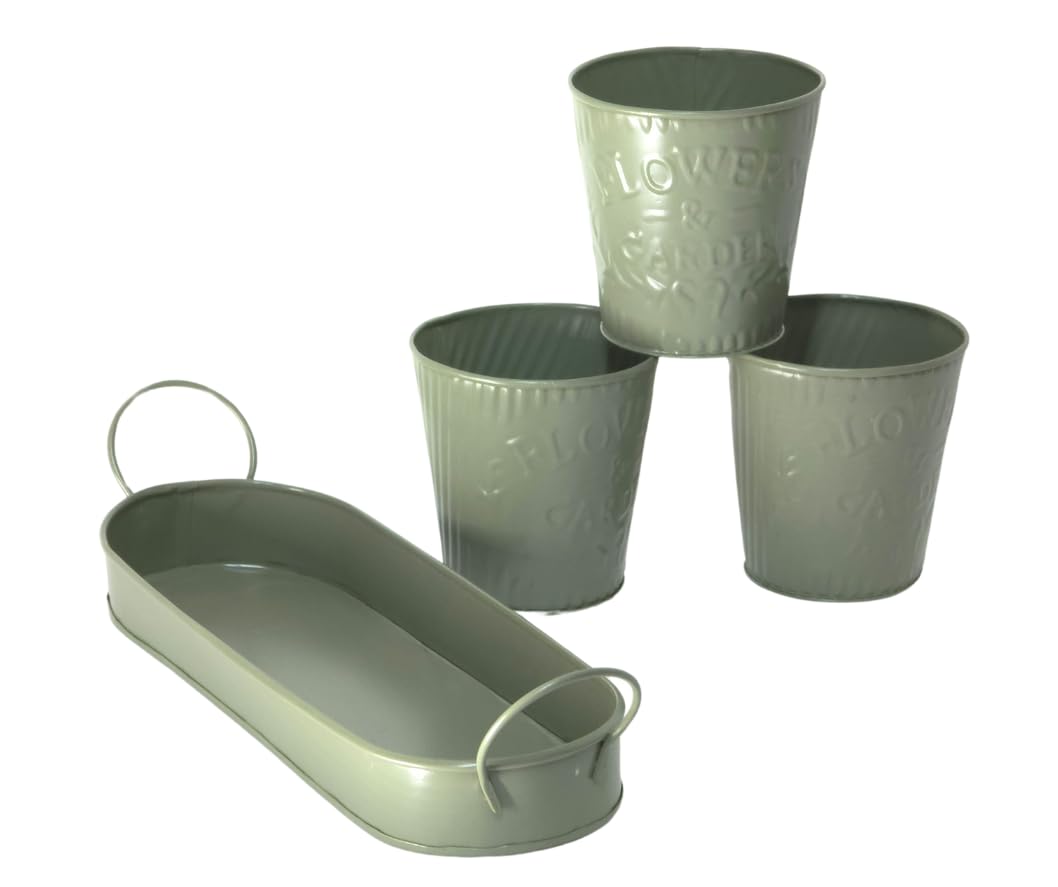 Trendi – Set of 3 Metal Plant Pots with Drip Tray | Embossed Indoor & Outdoor Plant Pots for Garden, Windowsill, Kitchen & Desk | Decorative Metal Flower Pots for Herbs & Plants | Olive Green