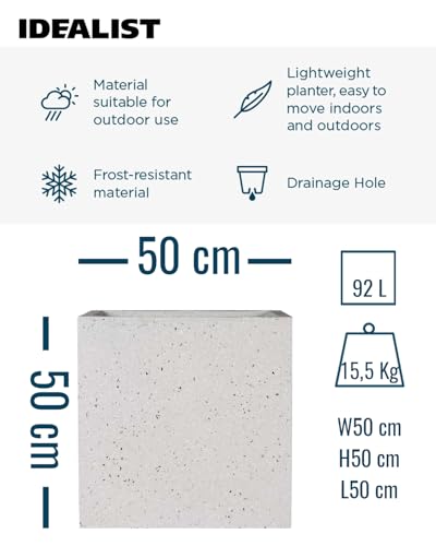 IDEALIST 50cm Large Square Planter for Trees | Grey Marble Effect Reinforced Stone Flower Pot with Drainage Holes L50 W50 H50.5 cm, 92 litres