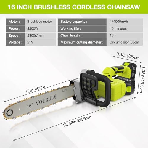 VOERJIA 16 Inch Brushless Cordless Chainsaw, Battery Chainsaw with 4 * 4000mAh Battery, 2200W Powerful Electric Chainsaws with Automatic Chain Lubricationr for Chopping logs and Cutting Trees