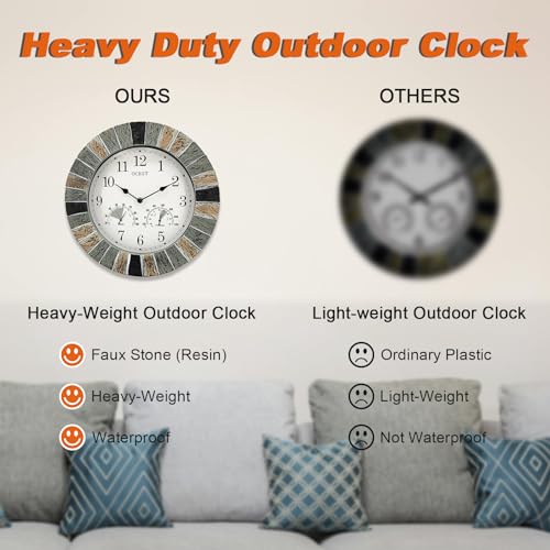 OCEST Heavy Duty Garden Clocks Outdoor Waterproof, 13inch Resin Large Wall Clock with Thermometer and Hygrometer Battery Operated Non Ticking Decorative for Patio Pool