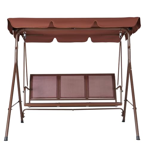 VEVOR 3-Seat Patio Swing Chair, Outdoor Patio Swing with Adjustable Canopy, Porch Swing with Armrests, Teslin Fabric and Alloy Steel Frame, for Balcony, Backyard, Patio, Garden, Poolside, Brown