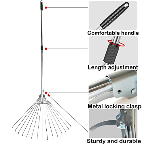 Lawn Leaf Rake Adjustable Metal Rake, 30-65 inch / 78-167cm Long Grass Rake with 19-61cm Folding Head for Lawn and Garden Cleaning, Telescopic Leaf Rake, Silver,Metal Adjusting Buckle (78-167CM)