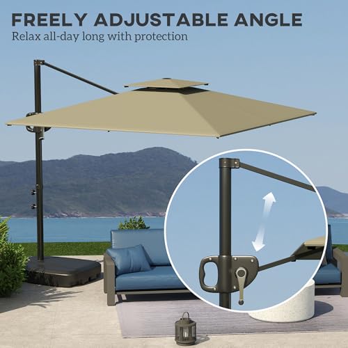 Outsunny 2.5m Garden Cantilever Parasol with Fillable Base, Up to 40kg, Double Top Garden Parasol, Square Overhanging Patio Umbrella with Crank Handle and Tilt for Outdoor Sun Shade, Light Grey