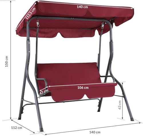 CASARIA® Hollywood Canopy Swing Chair | 2 Seater | Weatherproof Rocking Bench with Roof and Backrest | Non-Slip Feet | Outdoor Garden Patio Seat | Up to 200kg | Ruby Red