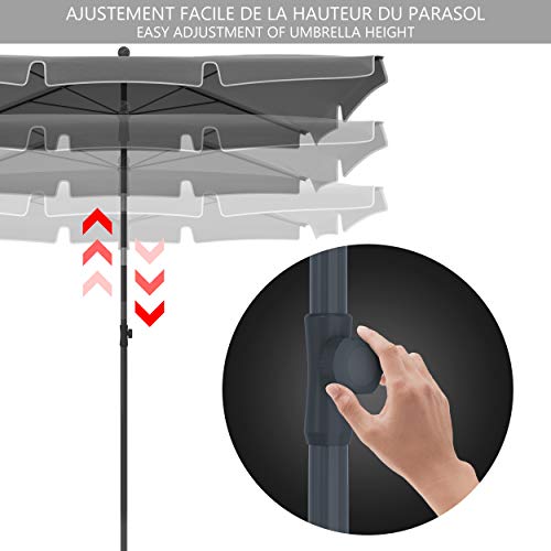 VOUNOT® Garden Parasol, Tilt Balcony Umbrella with Cover, Sun Shade for Outdoor, Garden, Balcony, Patio, Beach, 200 x 125 cm Rectangular UV 50-, Grey