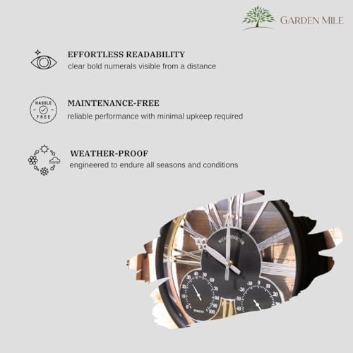 Homezone Large Black garden clock with thermometer and barometer - Battery Power Operated Quartz Waterproof Weatherproof Garden Clock - Black Indoor or Outdoor Weather Station for Garden Patio