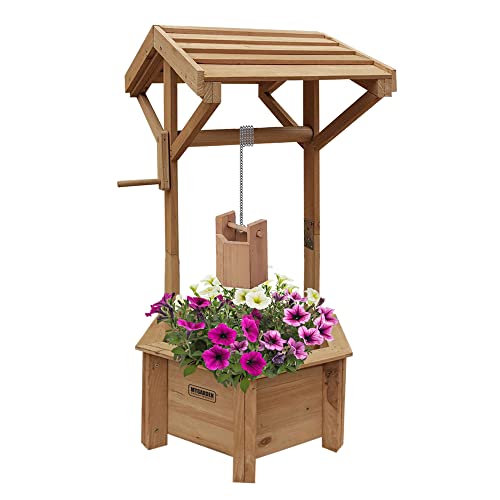 Vivo Technologies Wooden Wishing Well Planter for Garden, Wishing Well Garden Feature Outdoor Flower Pot Backyard Garden Decor, Natural