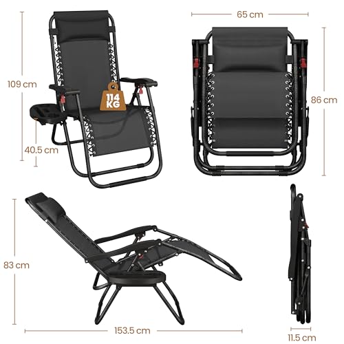 Yaheetech Zero Gravity Chairs Outdoor Adjustable Folding Sunloungers Lounge Recliners w/Pillows, Cup Holder and Carry Strap for Patio Porch Deck Black Set of 2