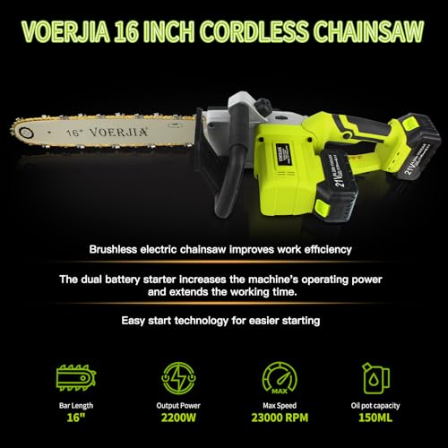 VOERJIA 16 Inch Brushless Cordless Chainsaw, Battery Chainsaw with 4 * 4000mAh Battery, 2200W Powerful Electric Chainsaws with Automatic Chain Lubricationr for Chopping logs and Cutting Trees