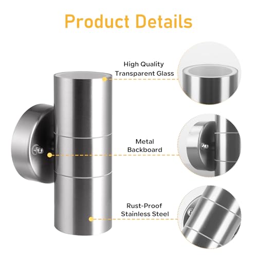 Kerry Outdoor Wall Lights, LED Up Down Mains Powered Lighting, Silver Stainless Steel IP44 Waterproof, Exterior Wall Sconce for Indoor, Front Door, Patio, Hallway, Porch, Garden, Garage, Post