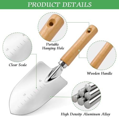 Garden Tool Set with Wood Handle, Aluminum Graduated Shovel, Hand Fork, Transplant Shovel with Scale, 3Pcs Heavy Duty Hand Tools Set for Garden Planting