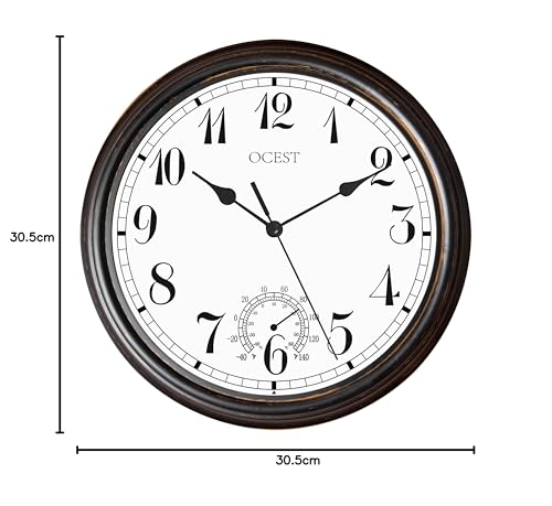 OCEST 12Inch Outdoor Garden Clock, Waterproof Wall Clocks with Thermometer, Weather-Resistant Non-Ticking Battery Operated Decor Decor for Patio Pool Lanai Porch Kitchen Bathroom