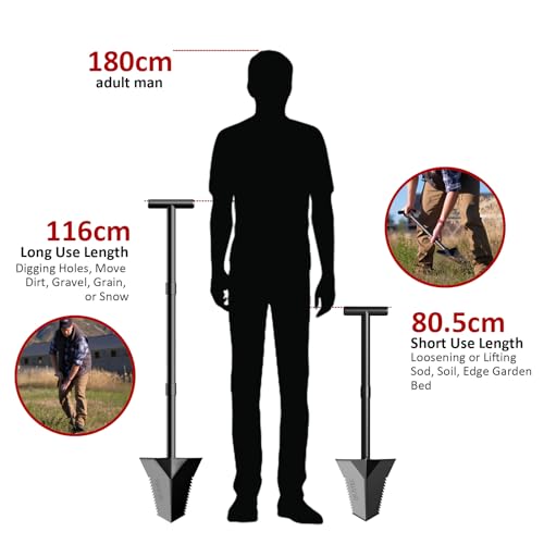 DR.ÖTEK Spade Shovel, Heavy Duty Garden Digging Shovel, T Handle, Root Cutter with Long Short Handle, Garden Tools for Metal Detecting, Transplantation, 80 & 116 cm