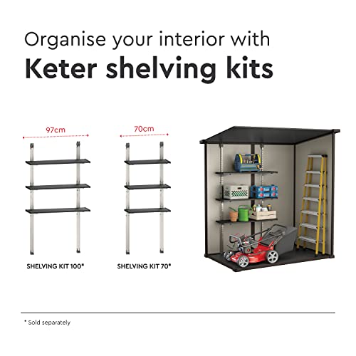 Keter Manor Outdoor Pent Single Door Garden Storage Shed 6 x 4ft Beige Brown Wood Effect Fade Free All Weather Resistant Safe And Secure Zero Maintenance 15 year Warranty