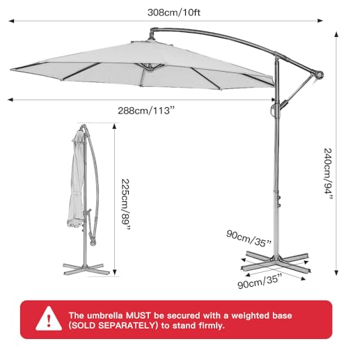 Panana 3M Garden Cantilever Parasol with 24 Solar Powered LED Lights Outdoor Banana Hanging Umbrella with Crank Mechanism Sun Shade Canopy for Poolside, Deck, Patio and Balcony Dark Grey