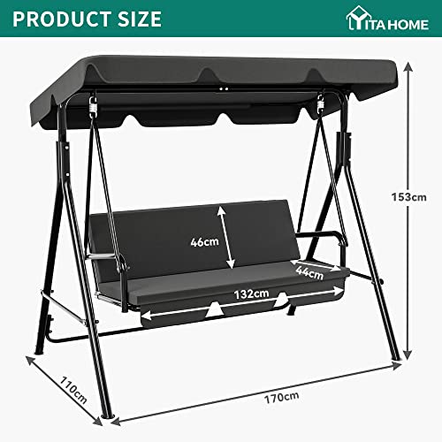 YITAHOME Canopy Swing Chair, 3 Seater Garden Swing Seat Chair, Outdoor Swinging Chair Bench with Adjustable Canopy & Removable Cushion for Patio Poolside Porch, 200KG Loadable,170 x 110 x 153cm, Grey
