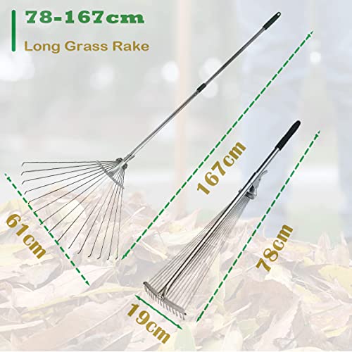 Lawn Leaf Rake Adjustable Metal Rake, 30-65 inch / 78-167cm Long Grass Rake with 19-61cm Folding Head for Lawn and Garden Cleaning, Telescopic Leaf Rake, Silver,Metal Adjusting Buckle (78-167CM)