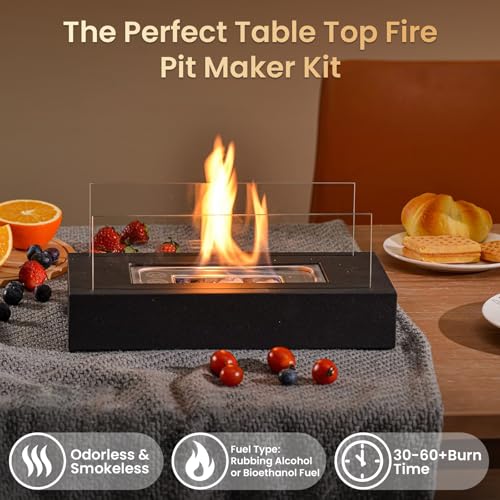 Table Top Fire Pit with Maker Kit,Portable Bioethanol Fireplace Indoor Outdoor, Rectangular Tabletop Fire Bowl Pot with Two-Sided Glass for Table Top Decor Home Patio Christmas Birthday Gifts