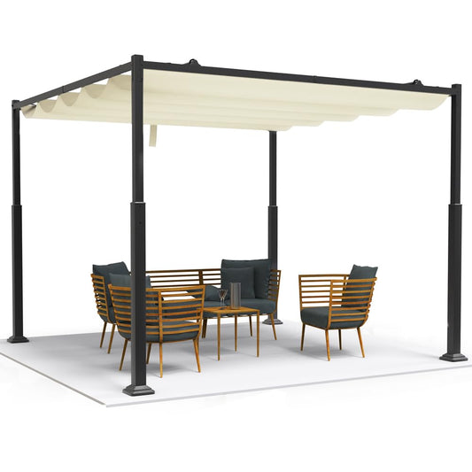 VOUNOT® 3x3m Metal Pergola with Retractable Roof, Gazebo with Sun Shade Canopy for Garden Patio Outdoor, Beige
