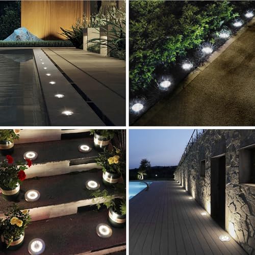 SCNNC Solar Lights Outdoor Garden, 8 LEDs Solar Ground Lights Warm White IP65 Waterproof Decking Light, Solar Powered Pathway Lights Garden Solar Disk Lights for Lawn Yard Patio Landscape, 8 Pack