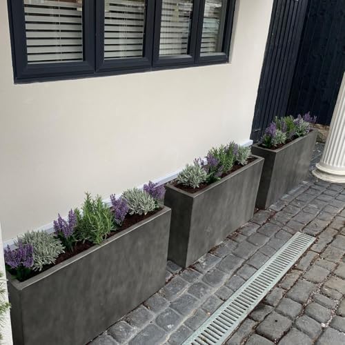 IDEALIST Set of 2 85cm Large Trough | Dark Grey Reinforced Stone Rectangle Plant Pot | Garden Planters with Drainage Holes L85 W26 H41 cm, 60 litres