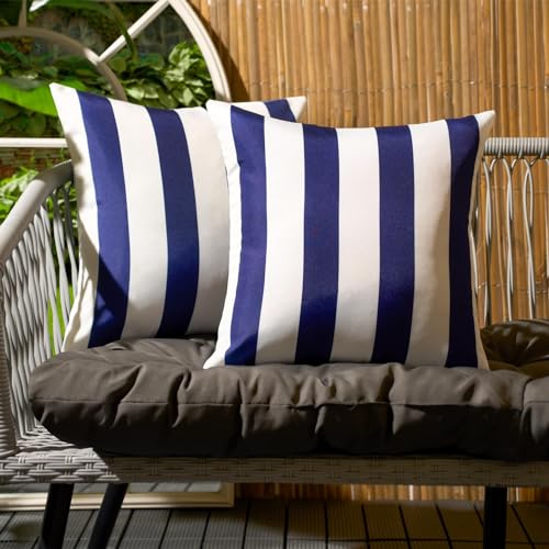 OHS Outdoor Cushions Stripe 45 x 45, Water Resistant Garden Furniture Cushions Sofa Cushion Covers for Inners Super Soft Comfy Decorative, Navy/White Pack of 2
