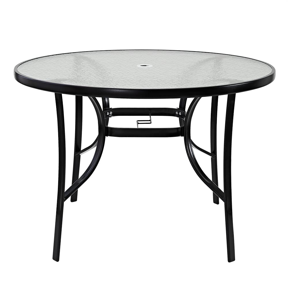 Panana 105cm Round Garden Dining Table with Parasol Hole, Outdoor Coffee Table with Tempered Glass Tabletop and Metal Frame for Conservatory, Patio, Balcony