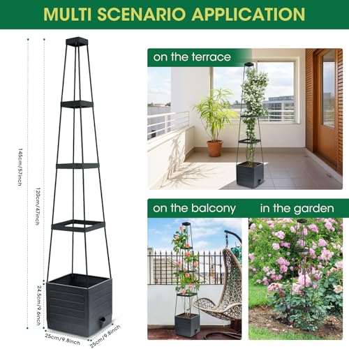 MYMULIKE Raised Garden Bed Planter Box with Trellis, Tomato Cage Planter, Raised Garden Bed with Trellis for Climbing Vegetables Plants Tomato Cage, Self-Watering, Indoor Outdoor Use (2pcs black)