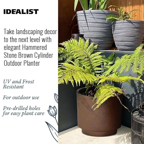 IDEALIST 30cm Terracotta Slate Effect Reinforced Stone Planter | Round Garden Planters with Drainage Holes D30 H30 cm, with Inner Top D26 cm, 14 litres