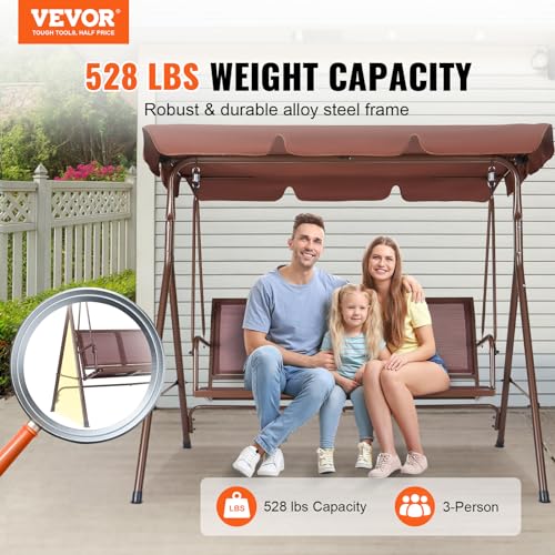 VEVOR 3-Seat Patio Swing Chair, Outdoor Patio Swing with Adjustable Canopy, Porch Swing with Armrests, Teslin Fabric and Alloy Steel Frame, for Balcony, Backyard, Patio, Garden, Poolside, Brown
