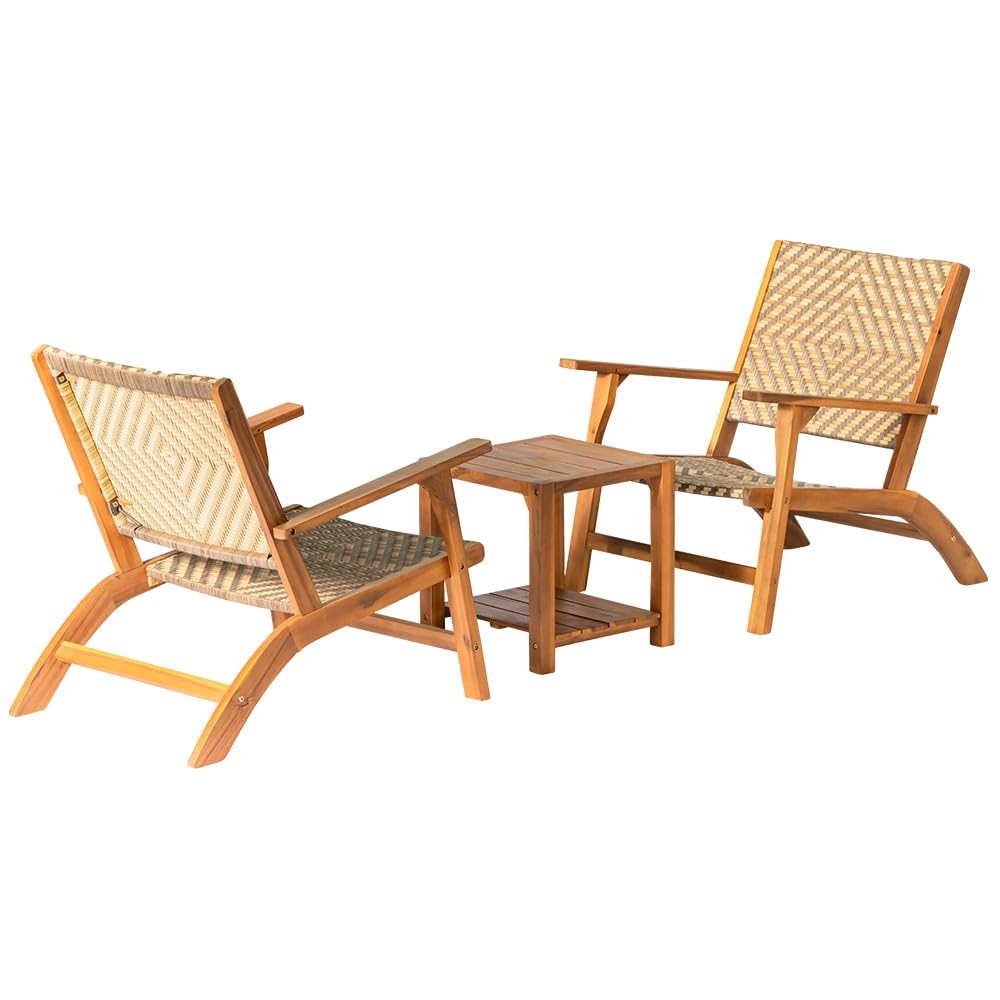 Panana 3 Pieces Garden Furniture Set Solid Acacia Wood Side Table and PE Rattan Wicker Wooden Chairs Bistro Set for Outdoor, Patio, Porch, Poolside, Balcony