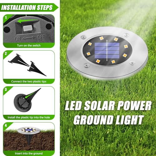 SCNNC Solar Lights Outdoor Garden, 8 LEDs Solar Ground Lights Warm White IP65 Waterproof Decking Light, Solar Powered Pathway Lights Garden Solar Disk Lights for Lawn Yard Patio Landscape, 8 Pack