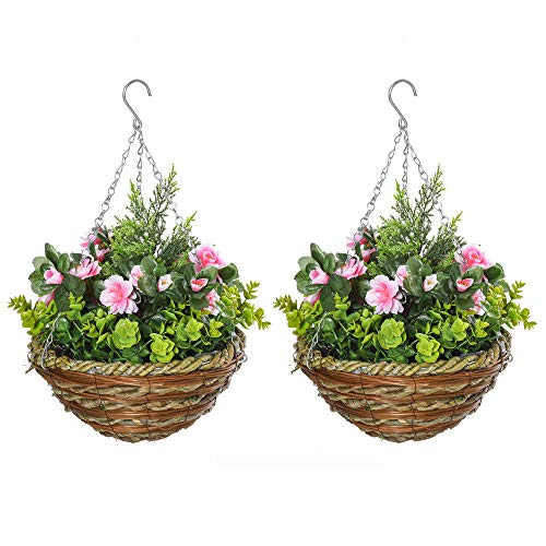 Outsunny Faux Hanging Baskets with Pink Lisianthus – Pack of 2