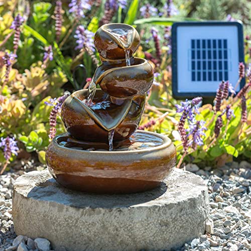 Primrose 25cm Solar Powered Brown Ceramic Oil Jar Three Tier Cascade Patio Garden Water Feature