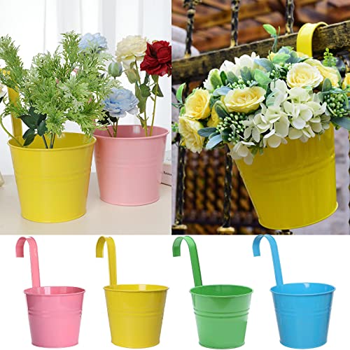 Garden Pots, 4PCS Metal Flower Hanging Plant Pots Mini Baskets Bucket With Detachable Handle for Seedlings Fence Balcony Outdoor Wall Decor