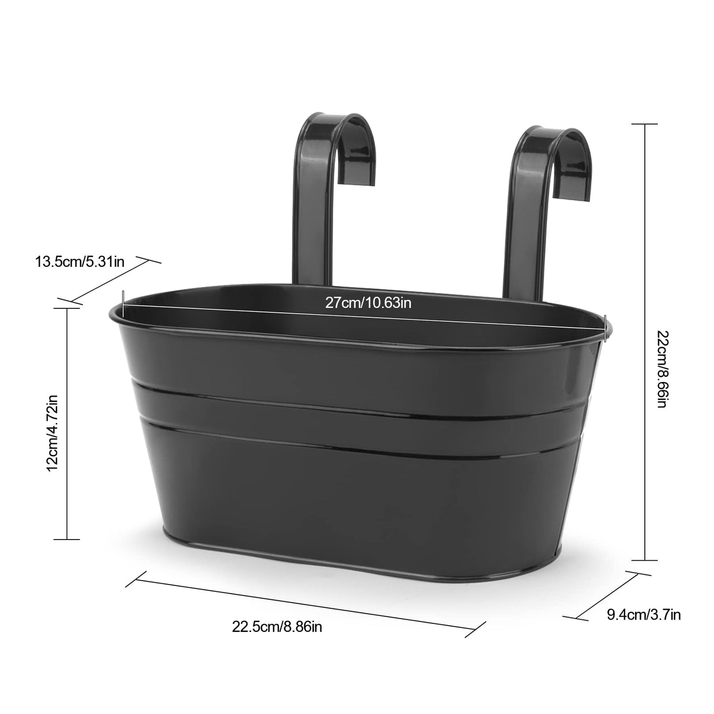 OGIMA 4pcs Large Hanging Flower Pots, Metal Iron Wall Planter Indoor/Outdoor for Railing Fence Balcony Garden Home Decoration with Detachable Hooks, 4x Black