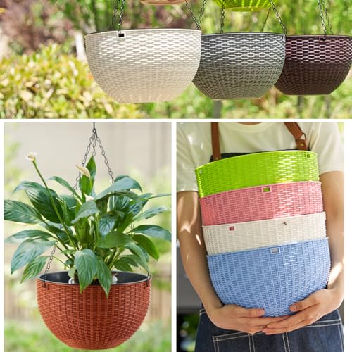 WOWEI 2 Pack Hanging Basket Outdoor Self Watering Hanging Plant Pot with Water Reservoir & Drain Hole Outdoor Hanging Baskets for Plants with Chains for Garden Flower Planter (Black, L)