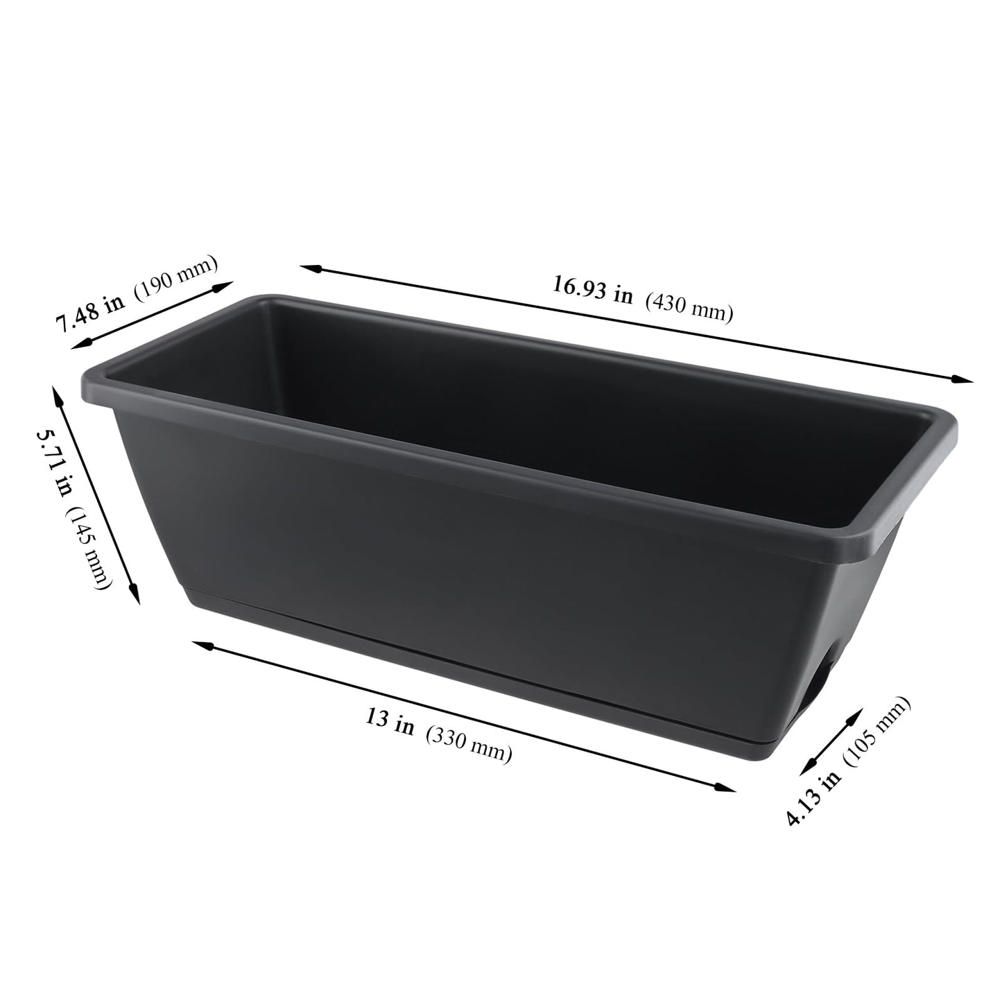 MUKSEUT 8PCS 17 Inch Black Window Boxes with Drainage Holes and Trays, Resin Flower Window Box Planter, Rectangle Planters for Windowsill, Patio, Garden, Home Decor, Porch Yard