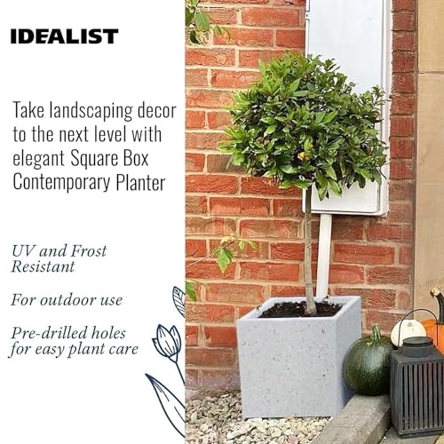IDEALIST 50cm Large Square Planter for Trees | Grey Marble Effect Reinforced Stone Flower Pot with Drainage Holes L50 W50 H50.5 cm, 92 litres