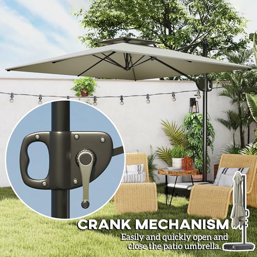Outsunny 2.5m Garden Cantilever Parasol with Fillable Base, Up to 40kg, Double Top Garden Parasol, Square Overhanging Patio Umbrella with Crank Handle and Tilt for Outdoor Sun Shade, Light Grey