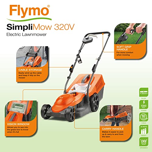 Flymo SimpliMow 320V Wheeled Electric Lawnmower - 1300 W Motor, 32 cm Cutting Width, 30 Litre Grass Box, Soft Grip Handles, Orange and Grey