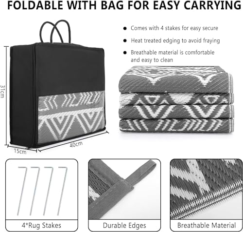 Grey Plastic Straw Patio Carpet for Garden, Deck, Picnic, Beach - 245x150cm Waterproof Outdoor Rug