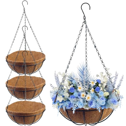 TEYIAN 12-Inch Metal Hanging Baskets with Coco Liner (4 Pack)