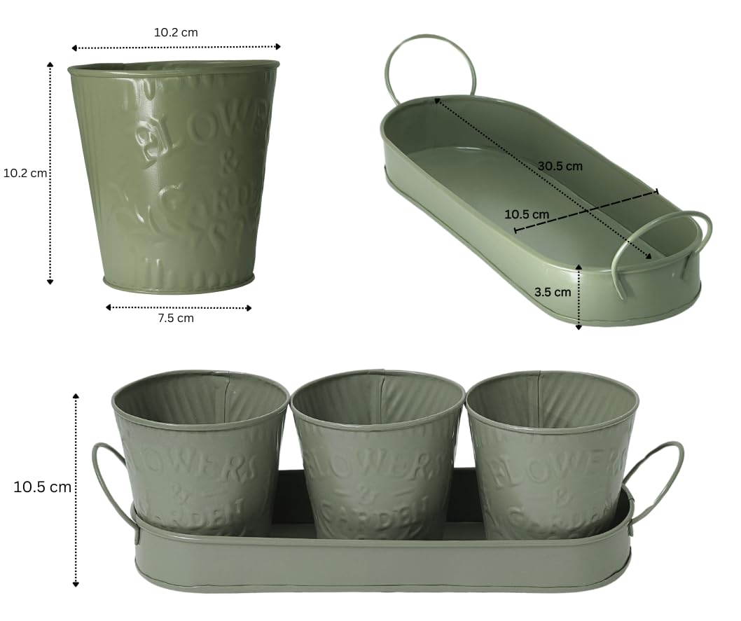 Trendi – Set of 3 Metal Plant Pots with Drip Tray | Embossed Indoor & Outdoor Plant Pots for Garden, Windowsill, Kitchen & Desk | Decorative Metal Flower Pots for Herbs & Plants | Olive Green