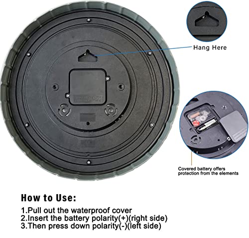 eYotto 13 Inch Garden Clocks Outdoor Waterproof, Large Wall Clock with Thermometer, Weatherproof Non-Ticking Battery Operated for Patio, Pool, Lanai, Fence, Porch, Backyard, Decor, Gift