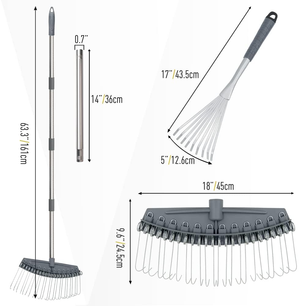 Hortem Garden Leaf Rake Set include 64-160cm Yard Thatch Rake Adjustable and 43cm Hand Rake, Lawn Rakes Used for Leaves, Thatch, Gravel