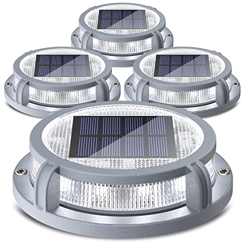 Siedinlar Solar Decking Lights Outdoor 4 Pack, 2 Colors in 1 Solar Powered Dock Lights IP68 Waterproof Road Marker Lights, Driveway Solar Lights for Yard Ground Step(Cold&White)