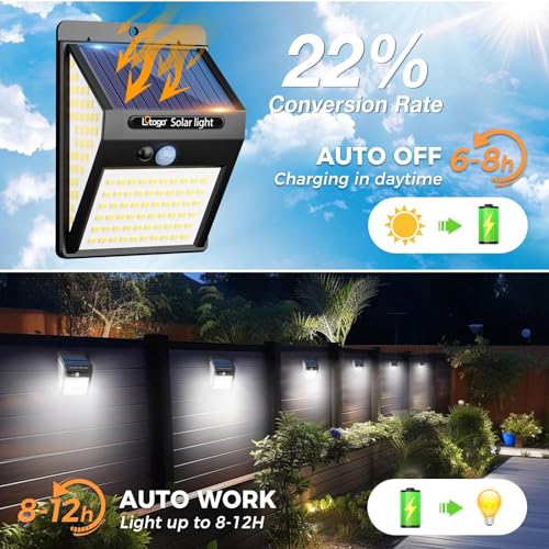 [2 Pack] 140LED Solar Security Lights Outdoor, Solar Motion Sensor Lights 270ºWide Angle Waterproof Solar Powered Durable Wall Lights Outside 3 Lighting Modes for Garden Fence Door Yard Garage Pathway